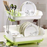 2 Tier Large Kitchen Sink Dish Drainer Rack Drying Basket Stand with Tray and Cutlery Utensil Holder Kitchen Rack (Plastic)